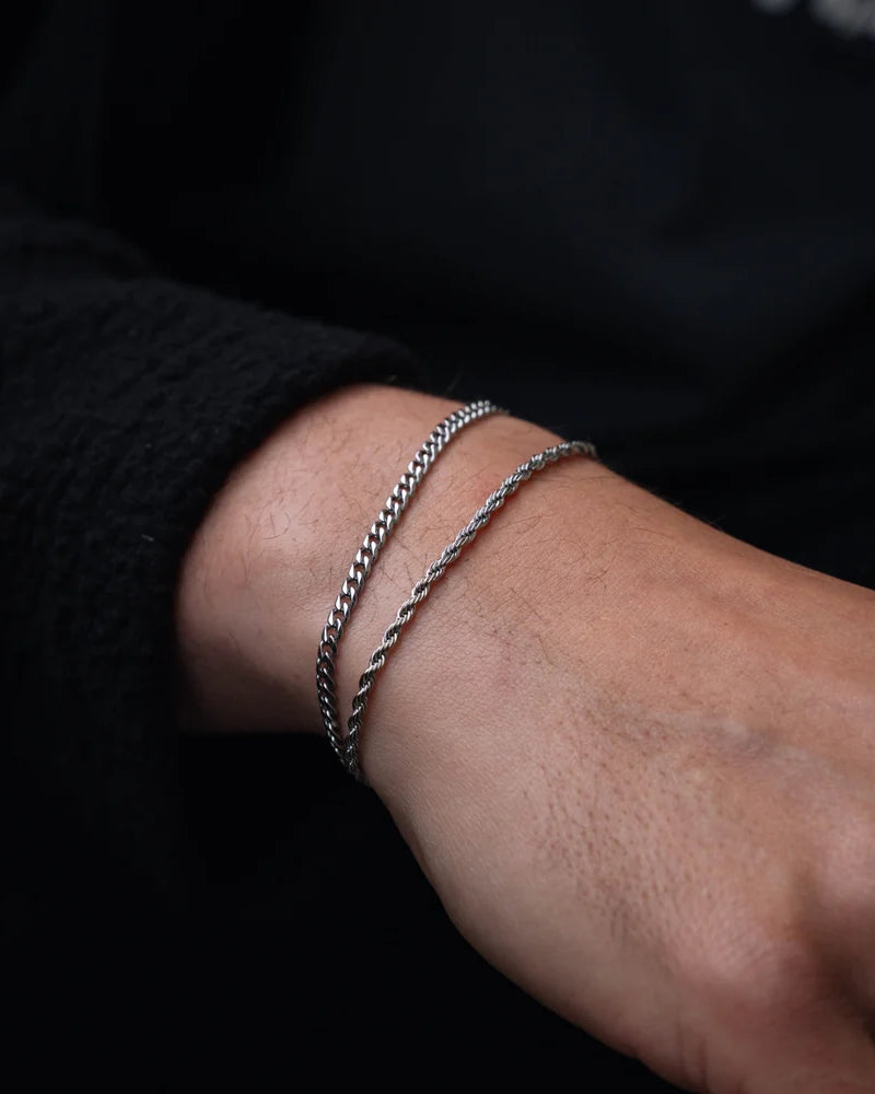 Silver Cuban + Rope Stack Bracelet - stainless steel silver men's bracelet, detail shot