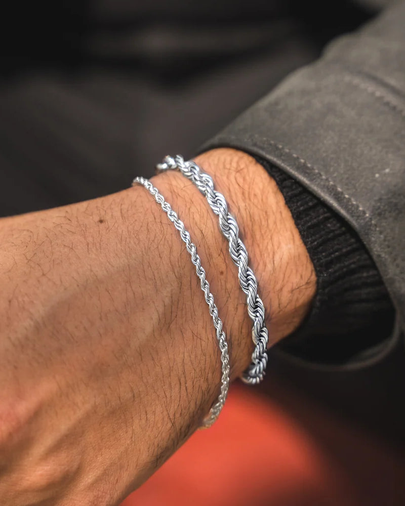 Silver Rope + Rope Stack Bracelet - stainless steel silver men's bracelet, detail shot