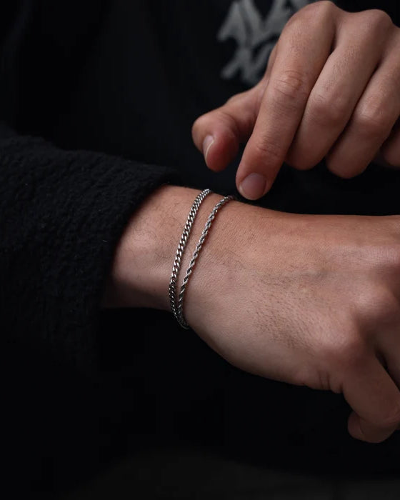 Silver Cuban + Rope Stack Bracelet - stainless steel silver men's bracelet, lifestyle photo