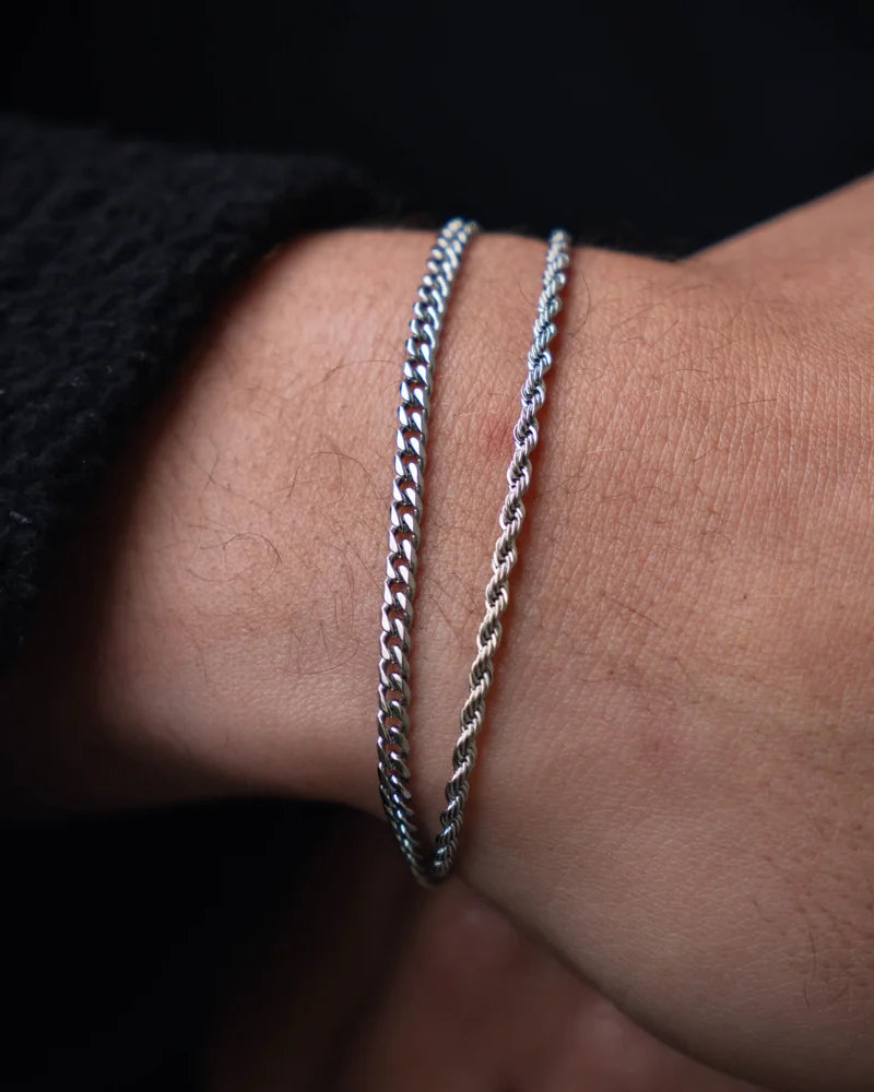 Silver Cuban + Rope Stack Bracelet - stainless steel silver men's bracelet, main product photo