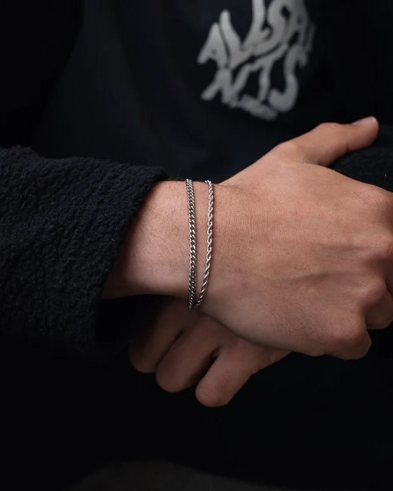 Silver Cuban + Rope Stack Bracelet - stainless steel silver men's bracelet, alternate angle