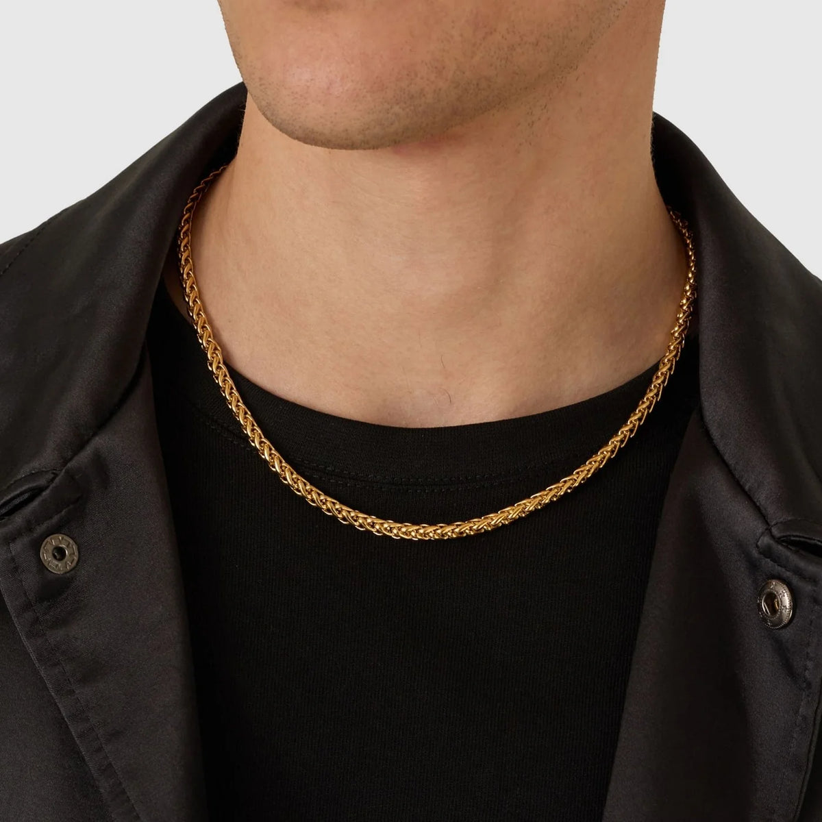 The Atlas Wheat 5mm High-Polish Statement Chain - stainless steel gold men's chain, worn on-body lifestyle shot