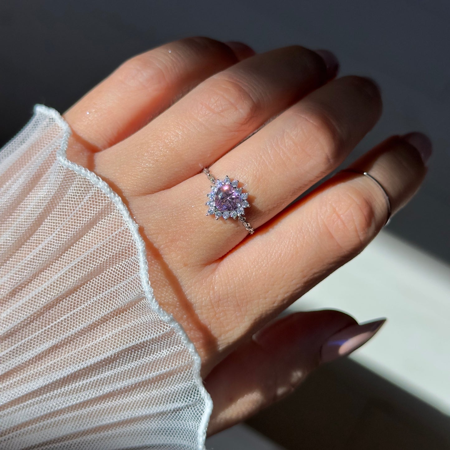 Diamond Heart Chain Ring | Pink