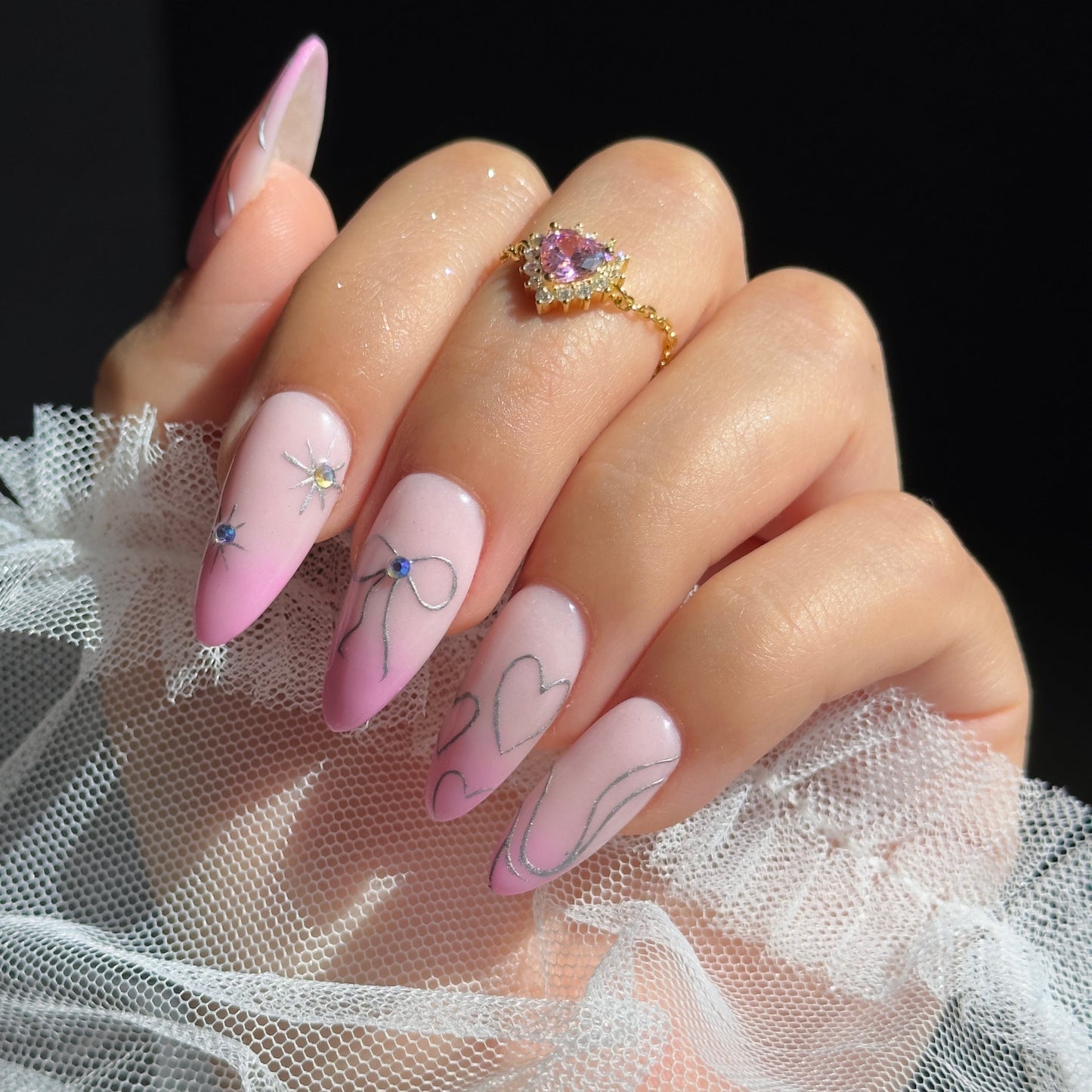 Diamond Heart Chain Ring | Pink