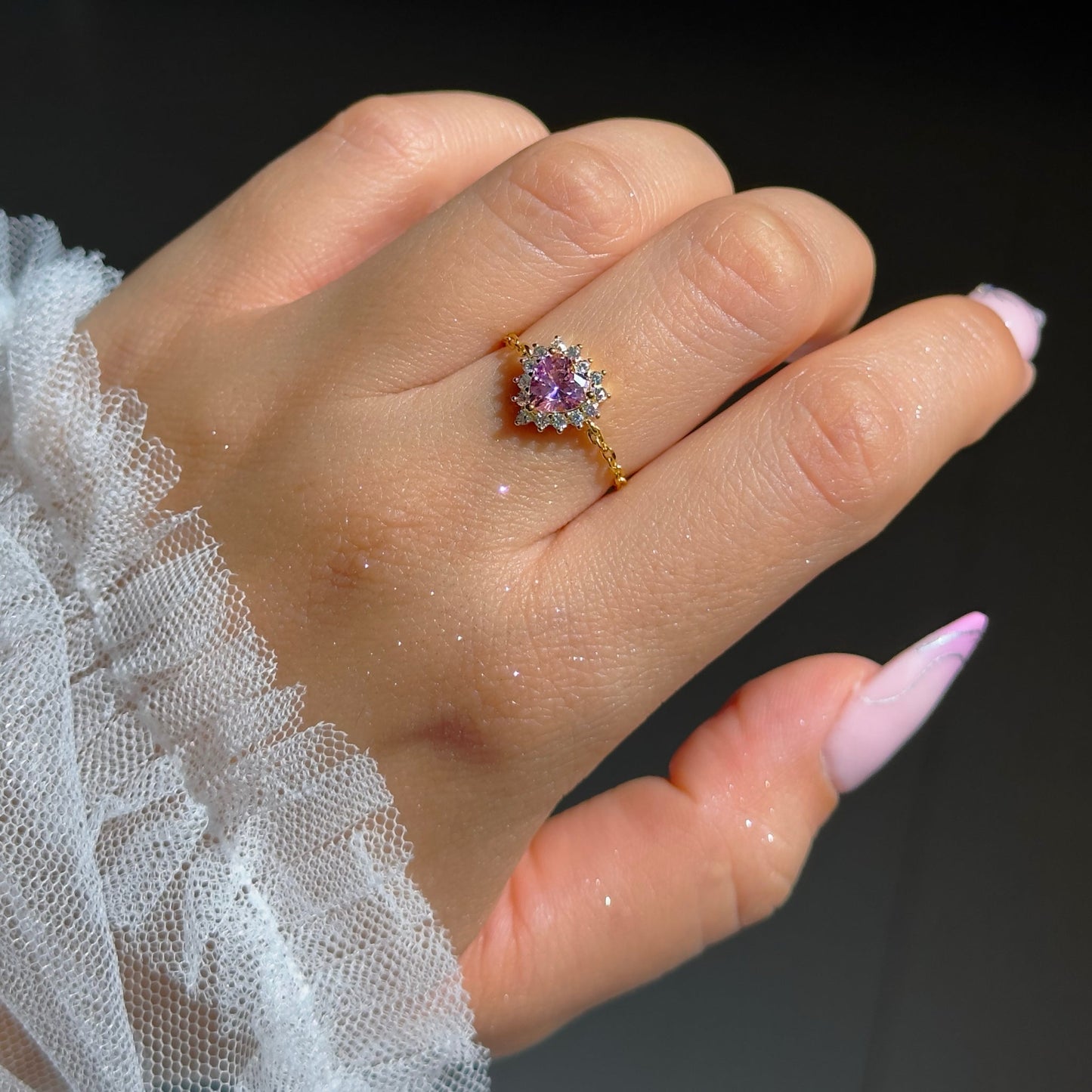 Diamond Heart Chain Ring | Pink
