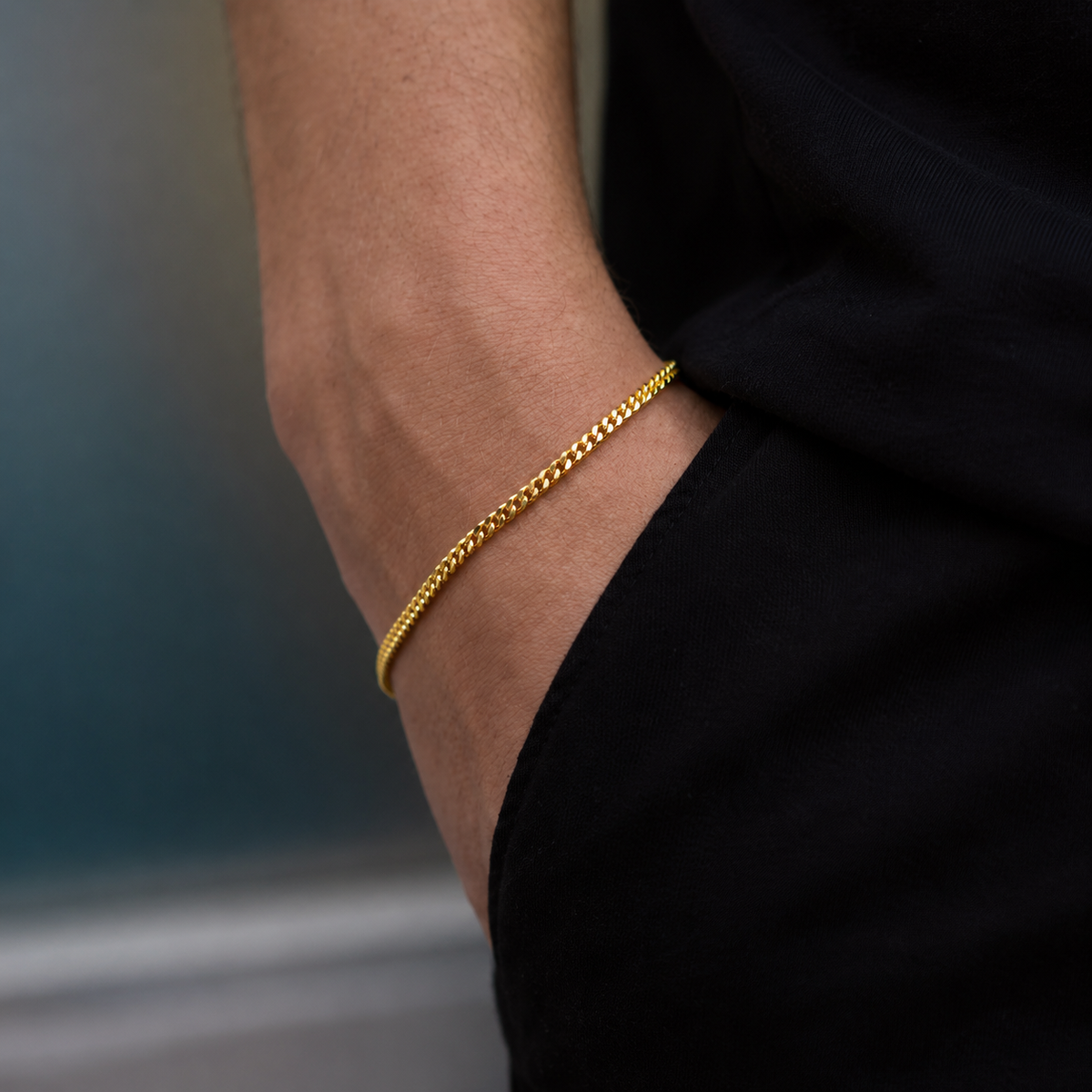 Connell Bracelet (Gold) 2mm - stainless steel gold men's bracelet, lifestyle photo