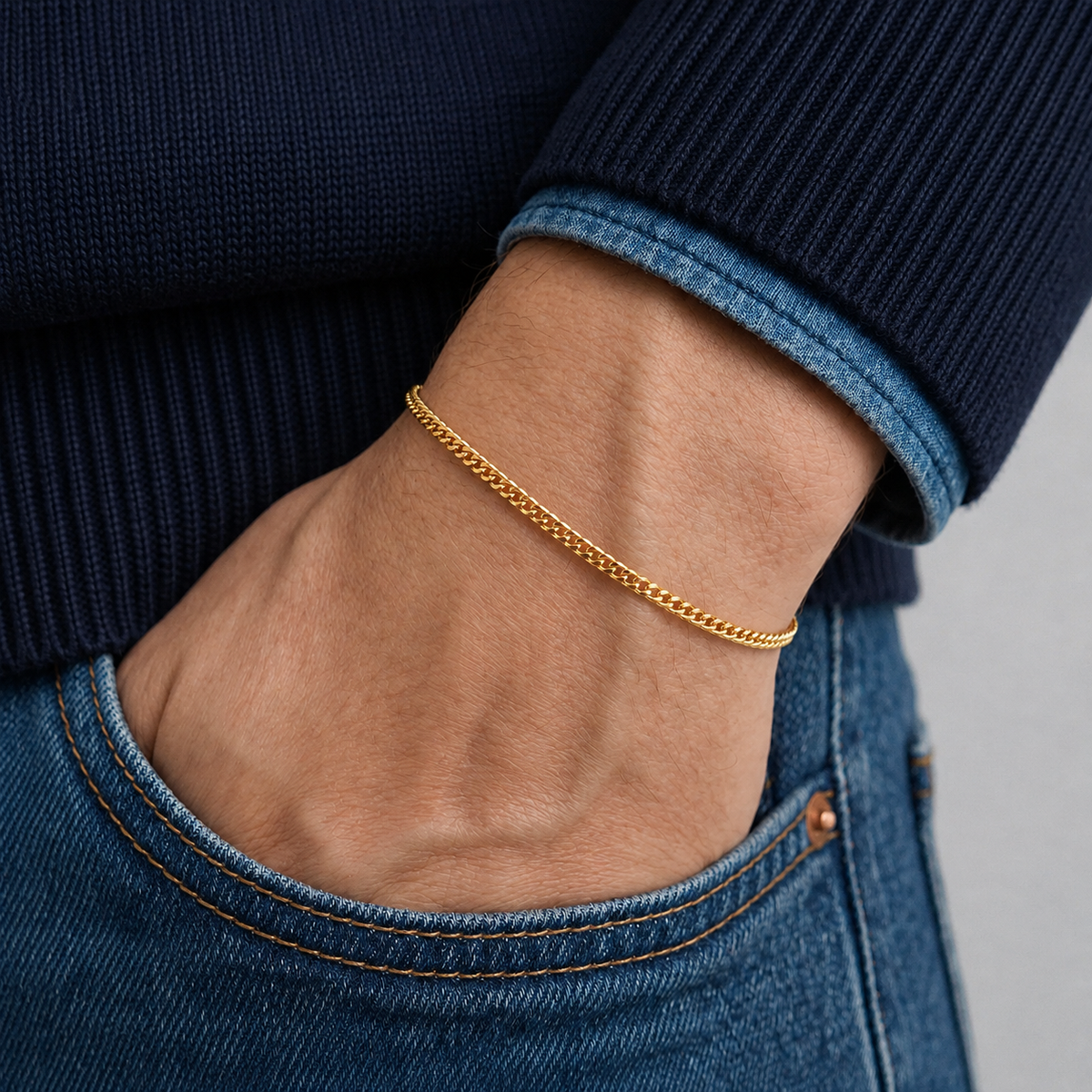 Connell Bracelet (Gold) 2mm - stainless steel gold men's bracelet, alternate angle