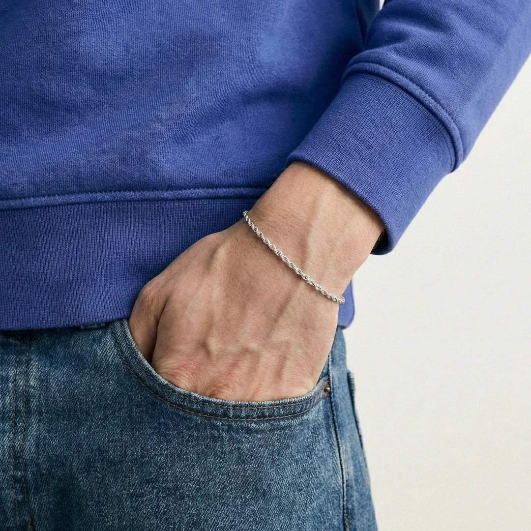 Rope Bracelet (Silver) 2mm - stainless steel men's bracelet, alternate angle
