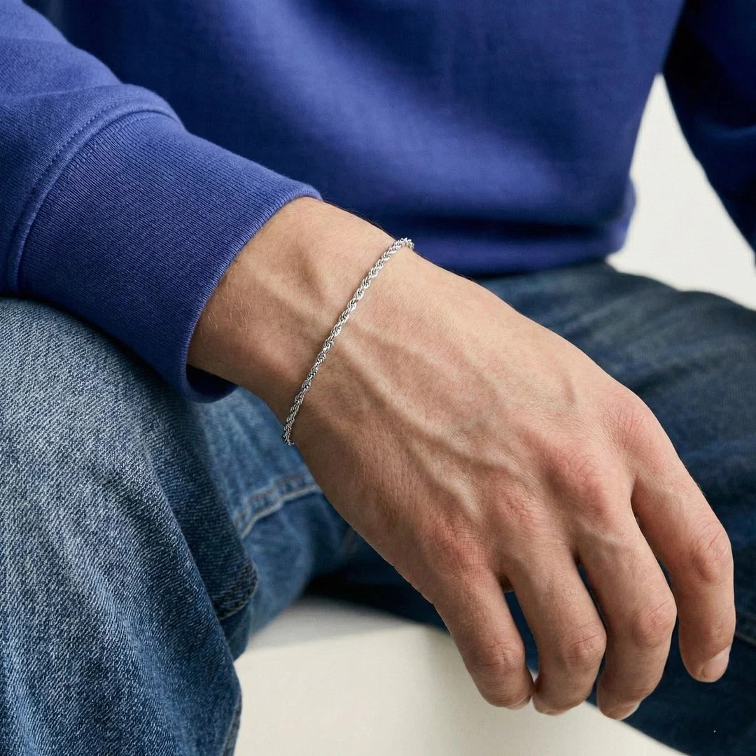 Rope Bracelet (Silver) 2mm - stainless steel men's bracelet, lifestyle photo
