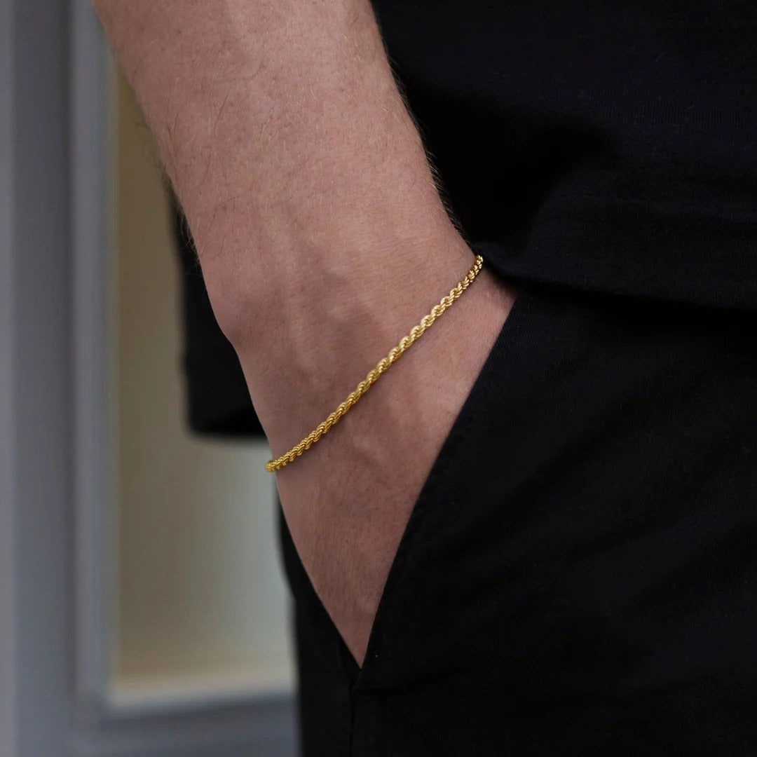 Rope Bracelet (Gold) 2mm - stainless steel gold unisex bracelet, lifestyle photo