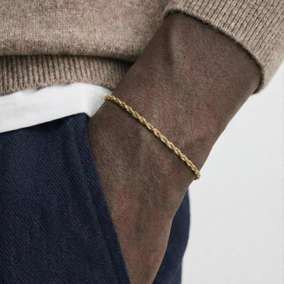 Rope Bracelet (Gold) 2mm - stainless steel gold unisex bracelet, alternate angle