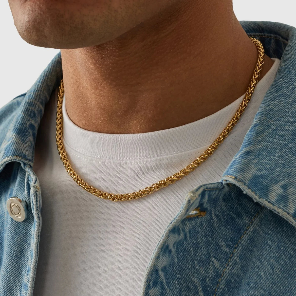 The Atlas Wheat 5mm High-Polish Statement Chain - stainless steel gold men's chain, detail shot
