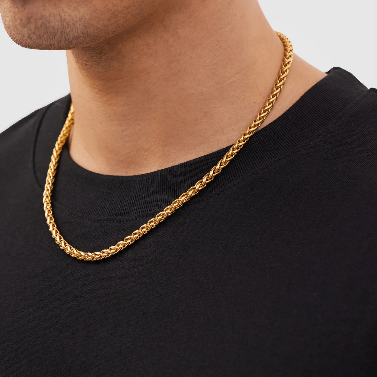 The Atlas Wheat 5mm High-Polish Statement Chain - stainless steel gold men's chain, side view