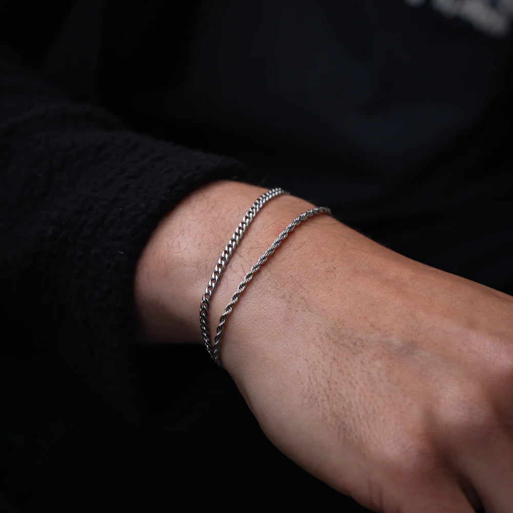 Silver Cuban + Rope Stack Bracelet - stainless steel silver men's bracelet, detail shot