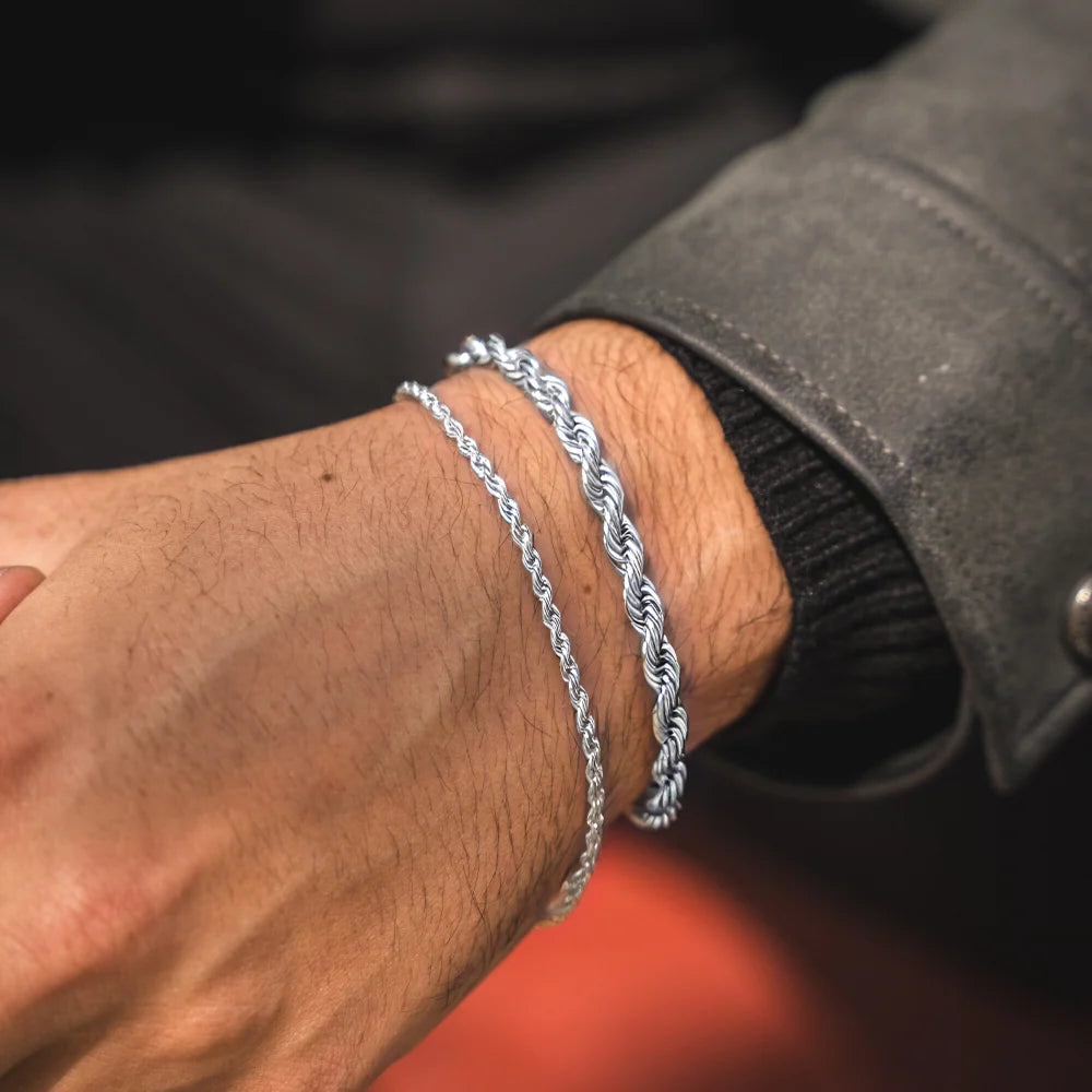 Silver Rope + Rope Stack Bracelet - stainless steel silver men's bracelet, detail shot