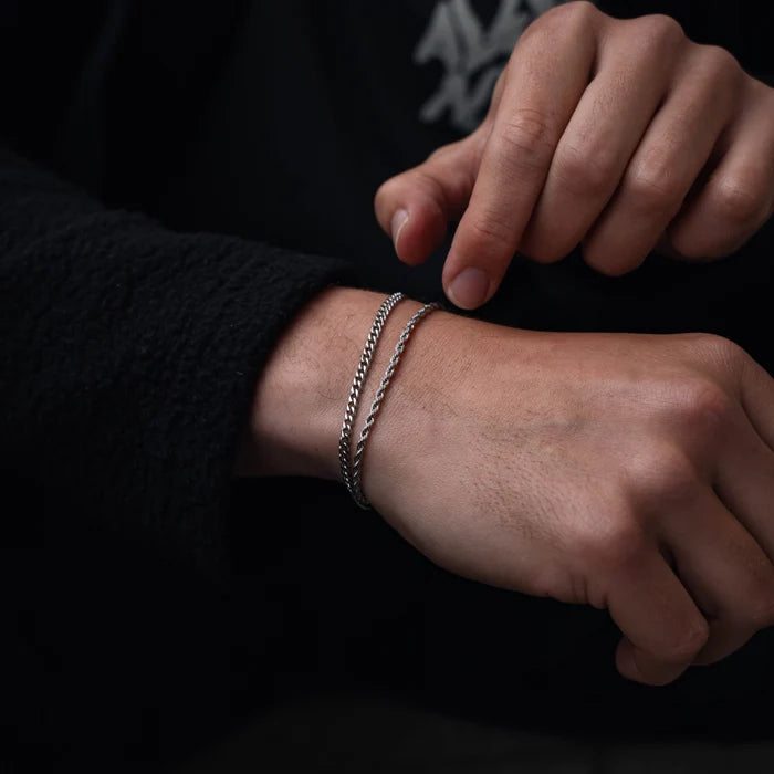 Silver Cuban + Rope Stack Bracelet - stainless steel silver men's bracelet, lifestyle photo
