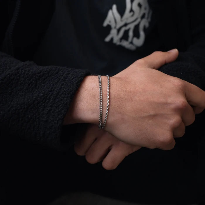 Silver Cuban + Rope Stack Bracelet - stainless steel silver men's bracelet, alternate angle
