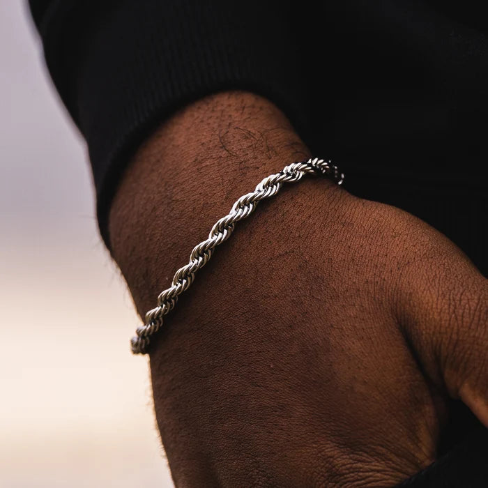 Silver Rope + Rope Stack Bracelet - stainless steel silver men's bracelet, alternate angle