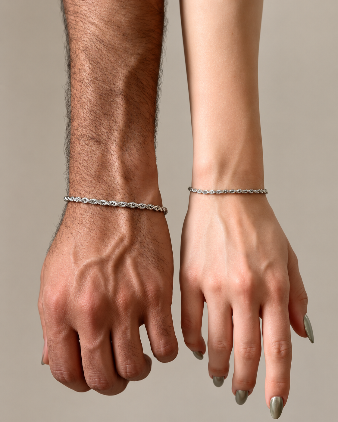 The Gemini Bond Matching Silver Rope Chain Couple Bracelets Set - stainless steel silver unisex chain, main product photo
